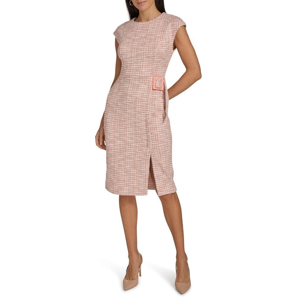 NWT Calvin Klein Tweed Shift Dress | Pink & Cream Belted Knee-Length Work Dress